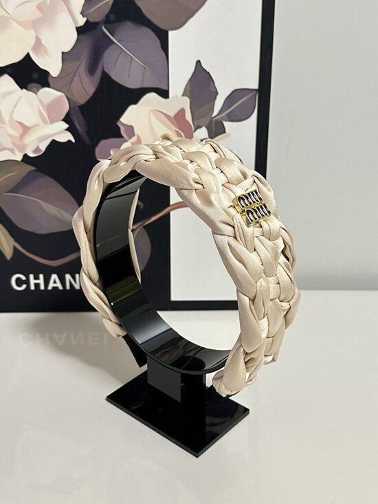 Miu Miu Cream Satin Braided Wide Headband Gold Black Enamel Square Logo Hair Ban main image 7